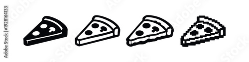 Pizza Slice Icons with Mushroom Toppings, Pixel Art and Outline Styles on White Background