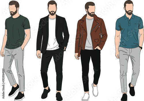 Minimalist flat vector illustration set of men wearing trendy outfits including suits, leather jackets, tshirts, polo shirts, and casual trousers.