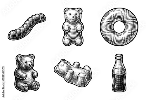 Vintage engraving style collection of assorted gummy candies including bears, worm, ring, and soda bottle shapes.