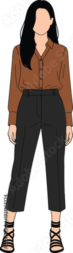 Minimalist flat vector illustration of a professional woman wearing a brown button down shirt, cropped black trousers, and strappy sandals.