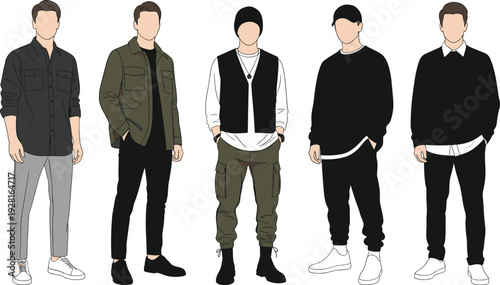 Mega collection of men's fashion vector illustrations featuring formal suits, tuxedos, casual streetwear, autumn jackets, winter coats, and modern outfits.
