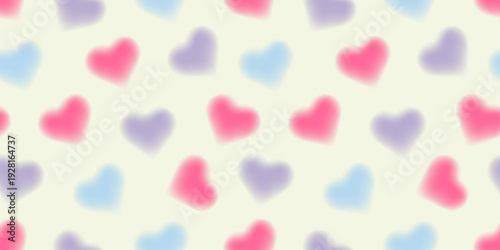 Seamless pastel pattern with blurred mesh gradient hearts in pink, blue and lilac on a creamy background. Dreamy romantic texture, perfect for fabric, wallpaper, wrapping paper, stationery and prints.