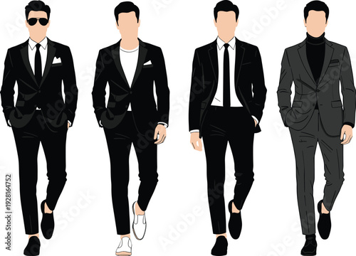 Mega collection of men's fashion vector illustrations featuring formal suits, tuxedos, casual sweaters, autumn jackets, winter coats, and smart outfits.