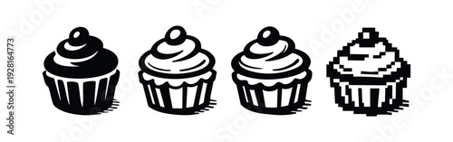 Variety of cupcake icons with different frosting swirls in multiple styles