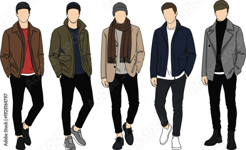 Collection of men's fashion vector illustrations featuring formal business suits, casual sweaters, stylish winter coats, jackets, and modern smart outfits.