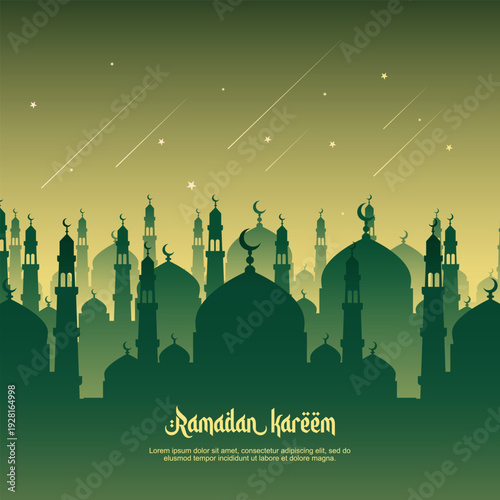 Ramadan Kareem Mubarak Festive Background Mosque Minaret Silhouettes Starry Night Sky Vector-01.eps