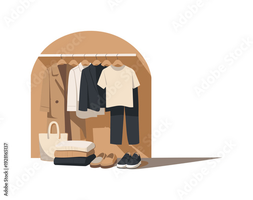 Scandinavian Capsule Wardrobe. Capsule wardrobe essentials concept with simple neutral clothing pieces shoes and folded knitwear