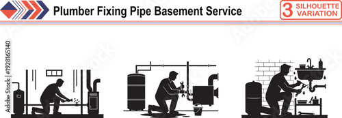 Professional Plumber Silhouette Fixing Leaky Pipe in Basement for Home Service and Repair
