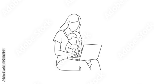 Mother working on laptop with baby on lap in simple line art.