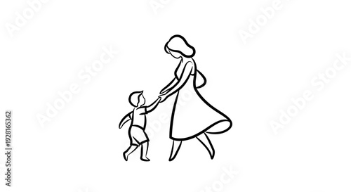 Simple line drawing of a mother holding a child's hand while walking.