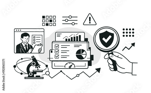 Modern minimal flat vector conceptual collage, crisp hard edges, consistent THIN outline stroke, rounded corners where needed,