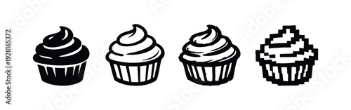 Four cupcake icons in distinct graphic styles, isolated on white