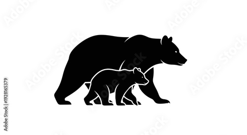 Silhouette of a mother bear and her cub walking together.