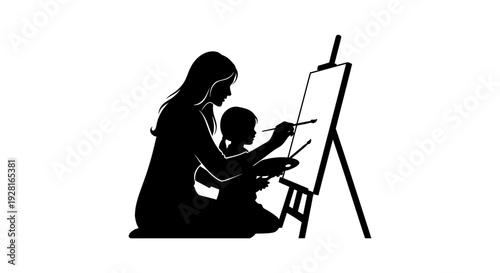 Mother and Child Painting Together on Canvas.