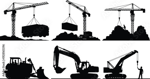 Construction crane and heavy equipment silhouette collection featuring excavator, bulldozer, lifting cargo, and industrial machinery isolated on white background for infrastructure development