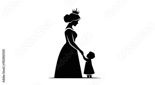 Silhouette of a mother holding a child's hand with a crown on her head.