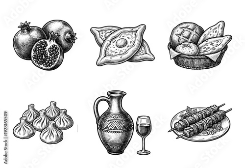 Vintage engraving style collection of traditional Georgian cuisine elements including khachapuri khinkali pomegranate wine and shish kebab