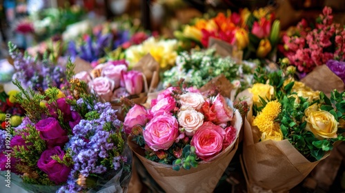 Wallpaper Mural Spring season, garden, flower, fresh, life. A vibrant flower market with a variety of colorful bouquets, each wrapped in brown paper, arranged on a table. The background is slightly blurred. Torontodigital.ca