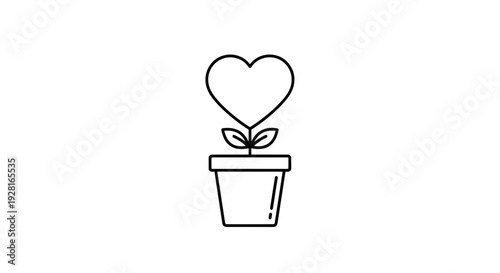 Simple line drawing of a potted plant with a heart shaped leaf.
