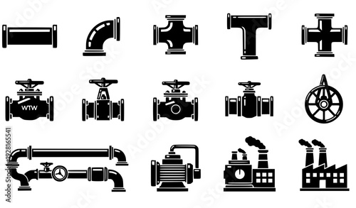 Black Silhouette Industrial Pipes and Factory Icon Set