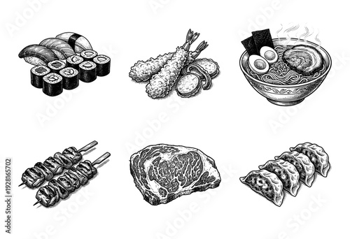 Vintage hand drawn engraving style collection of Japanese cuisine featuring sushi, ramen, tempura, yakitori, gyoza, and wagyu beef