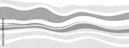Abstract wavy layers of grey dots and solid grey bands on white background texture pattern