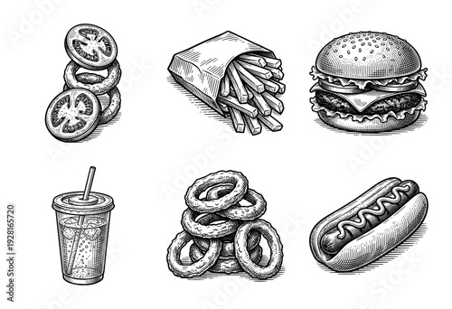 Vintage woodcut style fast food illustration set including burger hot dog french fries onion rings soda and tomato slices