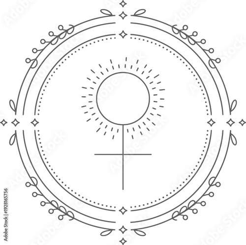 Abstract sun and female gender symbol logo with celestial elements in a circular frame