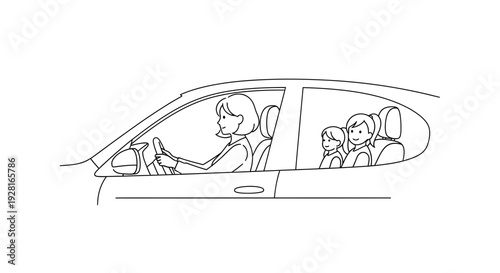Simple line drawing of a mother driving with children in the backseat.