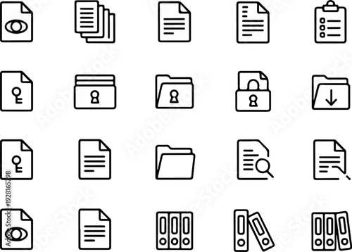 Document Management Icons Collection with File Security Folders Clipboard Approvals Digital Storage and Office Paperwork Vector Illustration