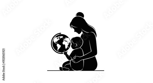 Mother and Child Silhouette Holding the Earth Together.