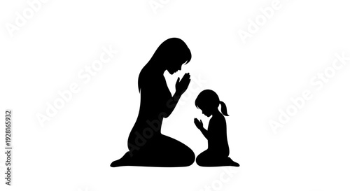 Mother and daughter praying together in silhouette.