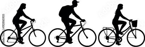 Cycling People Silhouette Vector Set Featuring Male And Female Riders In Side View Action Poses