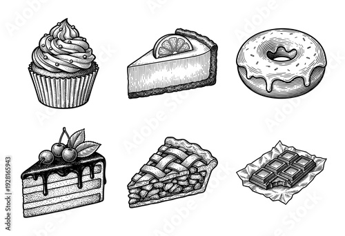 Vintage hand drawn engraving of sweet desserts and pastries set featuring cakes, pie, donut, and chocolate bar in a classic monochrome etching style.