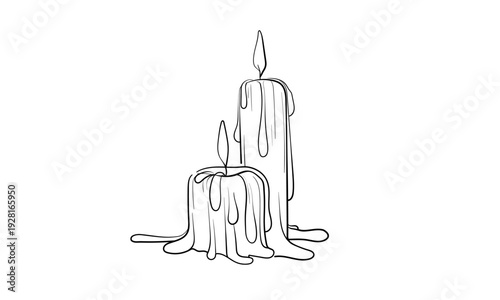 Minimalist continuous line art of a single 2 burning candles, elegant wax candle flame sketch for cozy decor or ritual. Vector illustration