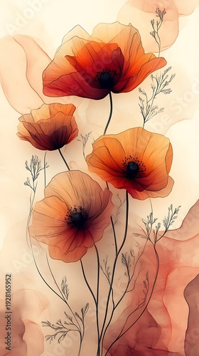 Wallpaper Mural Translucent orange poppies with delicate black outlines float gracefully on a flowing watercolor background Torontodigital.ca
