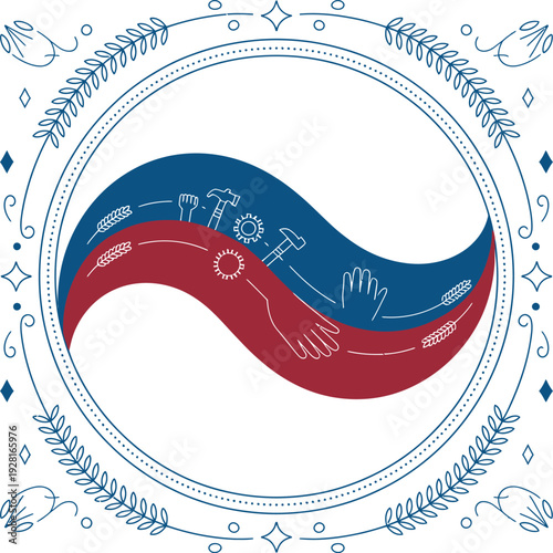 Abstract yin yang logo design with industrial and agricultural symbols, a blend of cultures