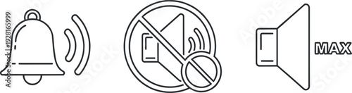 Notification Bell Mute Symbol and Maximum Volume Speaker Icons in Outline Style Vector Set