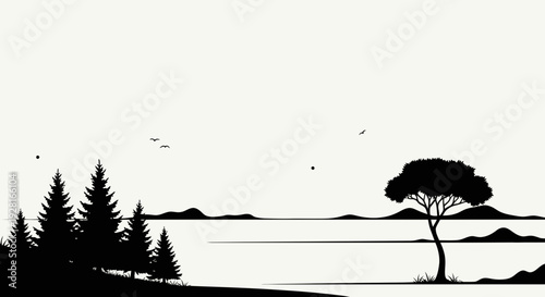 Serene landscape with trees and lake in monochrome.