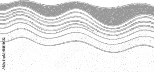 Abstract wavy layered pattern with textured gray bands and scattered dots on white background