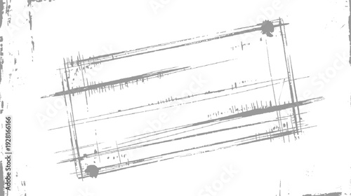 Grey distressed rectangular frame with grunge texture and scattered marks on white background