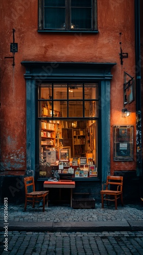A cozy bookstore facade glows warmly, inviting patrons in from a cobblestone street, with chairs out front
