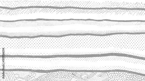 Abstract horizontal layers of grey textures and patterns on white background