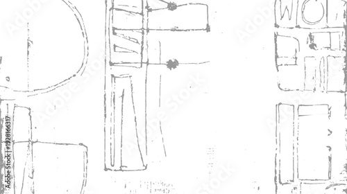Abstract of architectural and text fragments in grey on white