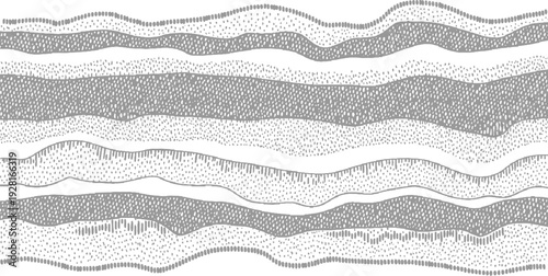 Abstract wavy layers of gray dots and lines on white background texture pattern