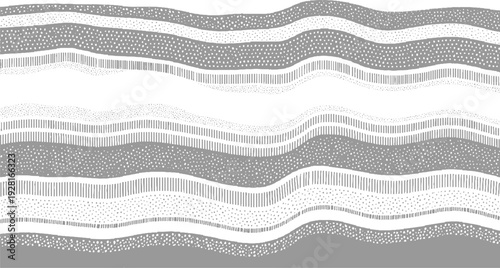 Wavy horizontal layers of gray and white textures with dots and vertical lines abstract background pattern