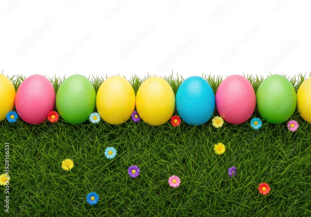 Fototapeta premium A vibrant and colorful easter egg hunt scene on a lush green lawn. isolated on transparent background