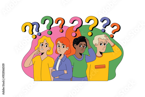 Confused people illustration with question marks above their heads