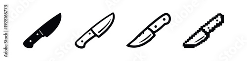 Diverse knife icon set in solid, outline, and pixel art styles
