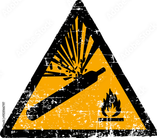 Grunge pressurized cylinder warning sign worn scratched ISO 7010 W029 hazard symbol